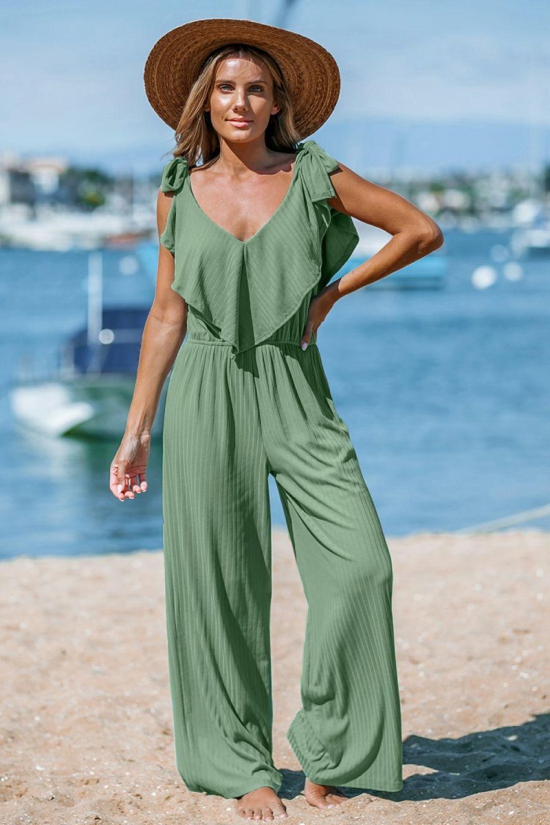 Jumpsuit | Green Ruffled Bow Tie Wide Leg Jumpsuit – Womens Jumpsuit Green