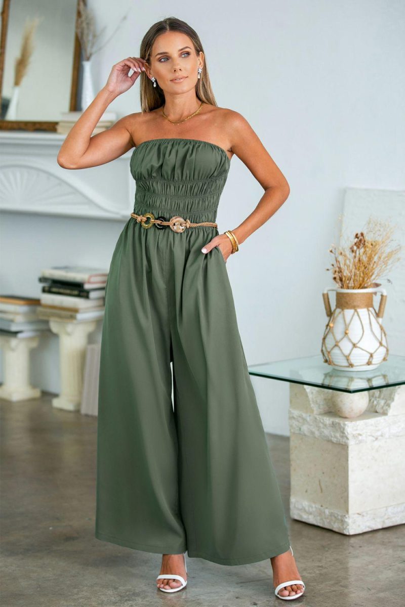 Jumpsuit | Olive Green Smocked Waist Wide Leg Jumpsuit – Womens Jumpsuit Jumpsuit