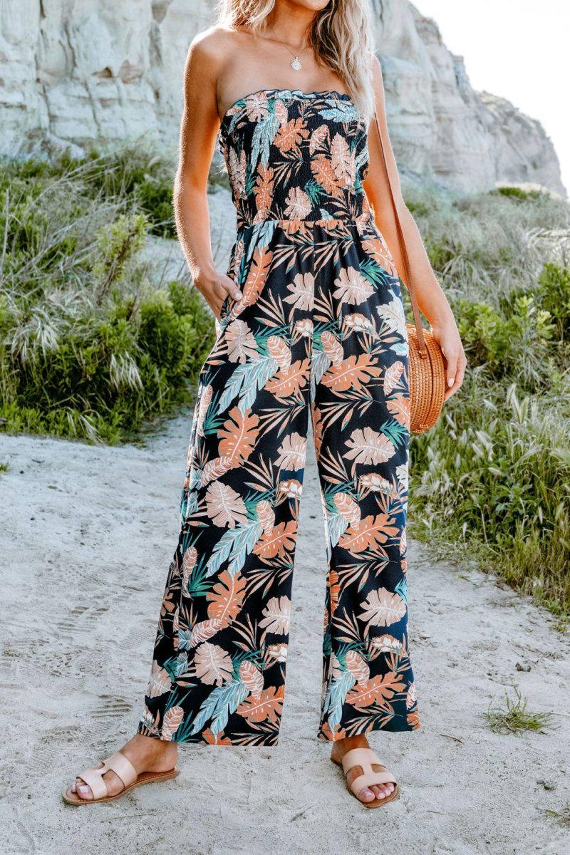 Jumpsuit | Tropical Leaf Print Ruffled Jumpsuit – Womens Floral Jumpsuit & Playsuit Floral Jumpsuit & Playsuit