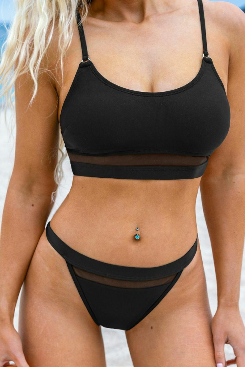 Mesh Swimsuits | Black Scoop Neck Bikini Top & Cheeky Bottoms Set – Womens Mesh Swimsuits Black