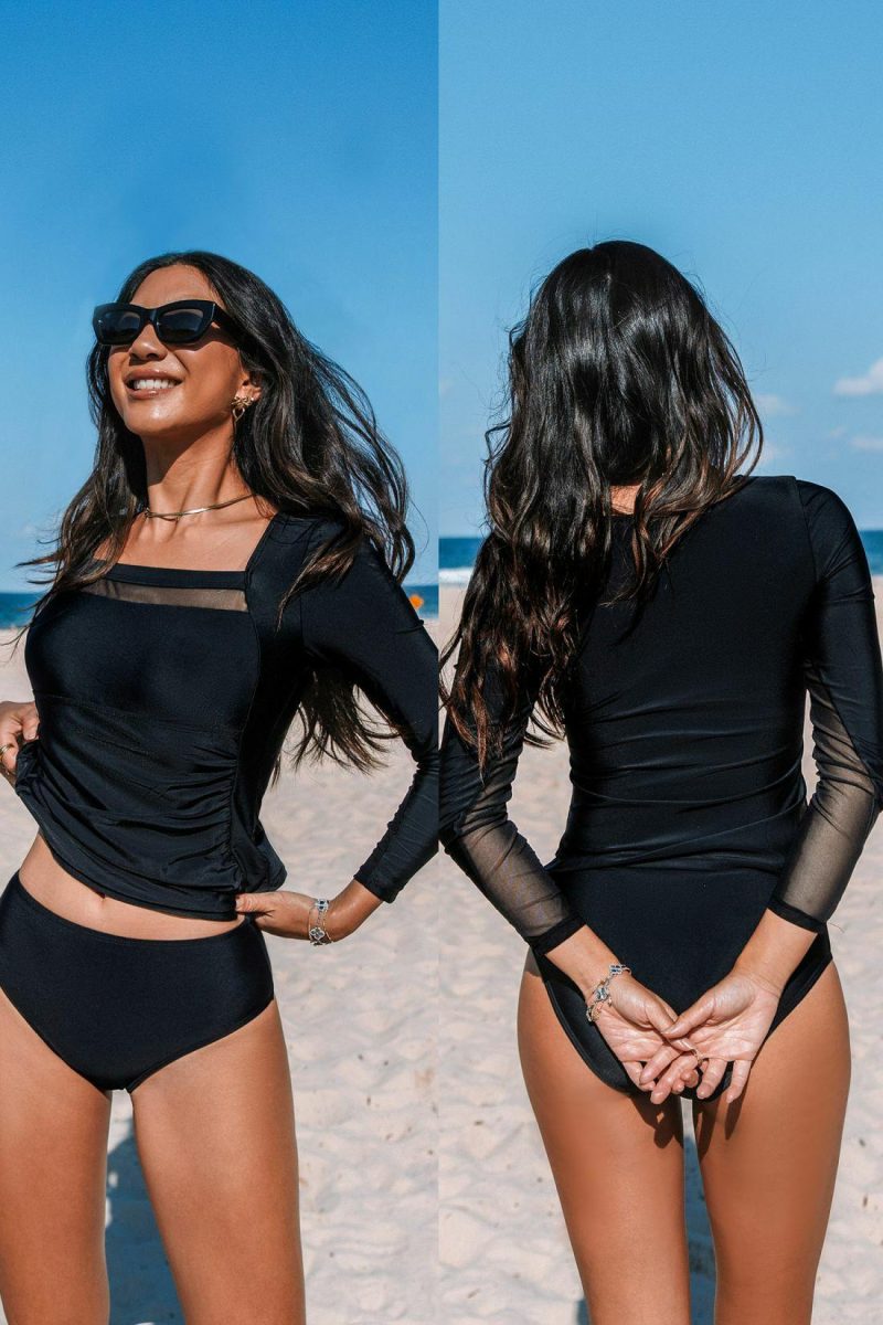 Mesh Swimsuits | Black Square Neck Mesh Tankini Top & Mid-Rise Bottoms Set – Womens Mesh Swimsuits Black