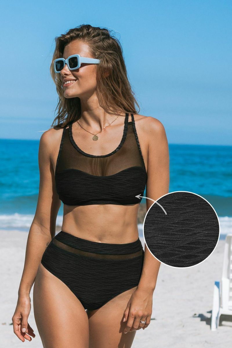 Mesh Swimsuits | Mesh Paneled Bralette & Hipster Bikini Swimsuit – Womens Mesh Swimsuits Black