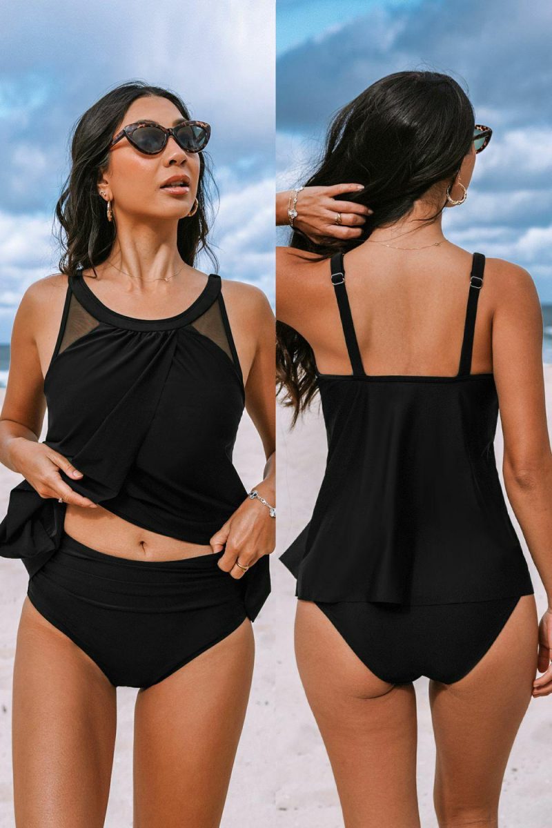 Mesh Swimsuits | Mesh Round Neck Tankini & Retro Bottoms Set – Womens Mesh Swimsuits Black