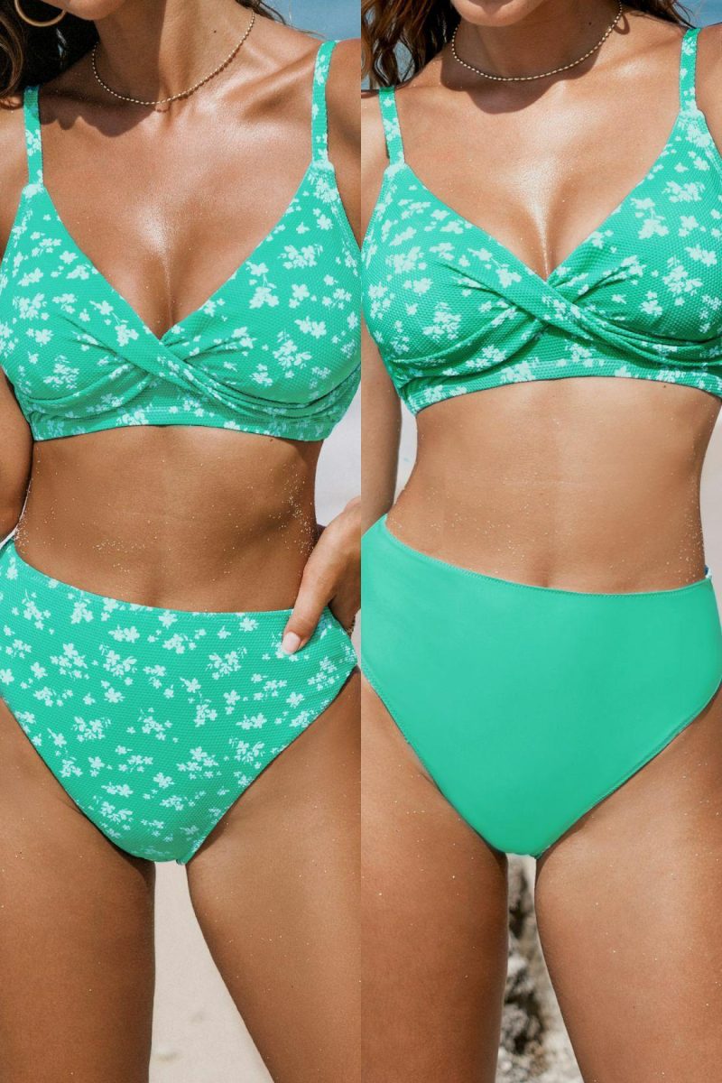 Mesh Swimsuits | Mini Flowers Power Mesh Bikini Top & Reversible Bottoms Set – Womens Mesh Swimsuits Green