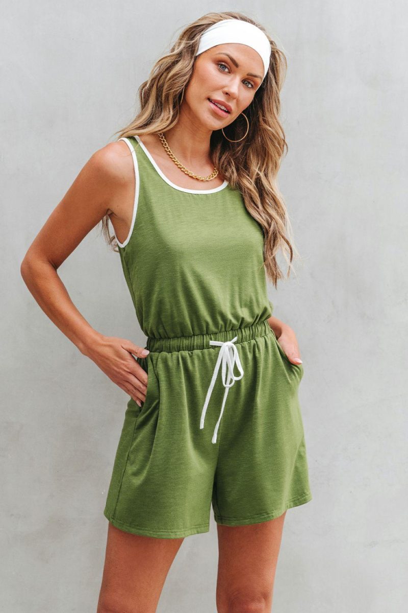 Playsuit | Forest Green Drawstring Waist Playsuit – Womens Jumpsuit & Playsuit Olive