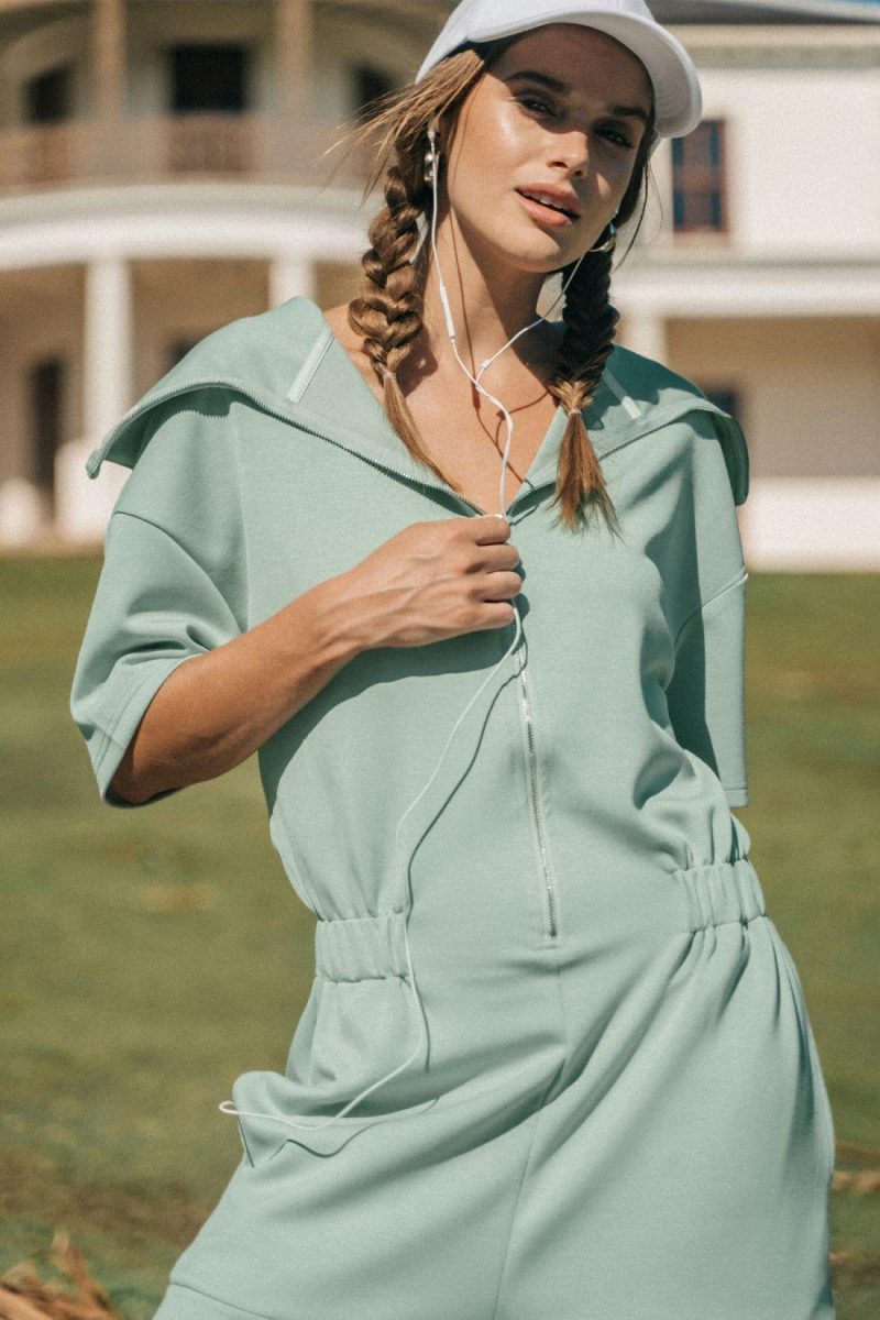 Playsuit | Sage Oversized Collar Front Zipper Playsuit – Womens Jumpsuit & Playsuit Playsuit