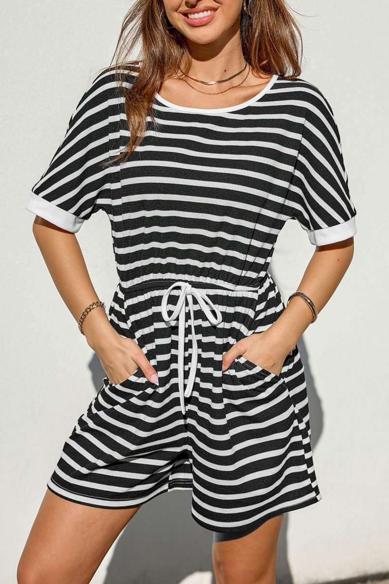 Playsuit | Striped Round Neck Pocket Playsuit – Womens Jumpsuit & Playsuit Black