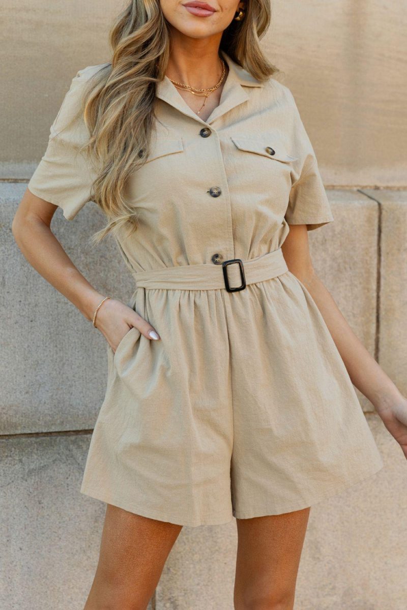 Solid Jumpsuit & Playsuit | Belted Collared Wide Leg Playsuit – Womens Jumpsuit & Playsuit Khaki