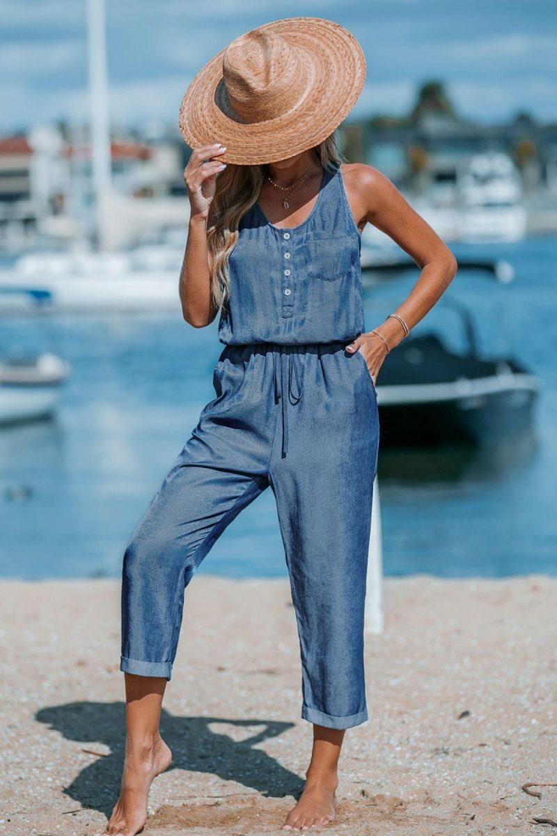 Solid Jumpsuit & Playsuit | Blue Sleeveless Scoop Neck Pocket Jumpsuit – Womens Jumpsuit Blue