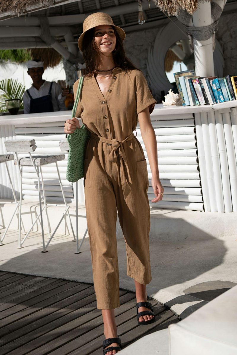 Solid Jumpsuit & Playsuit | Brown Waist Tie Jumpsuit – Womens Jumpsuit Brown