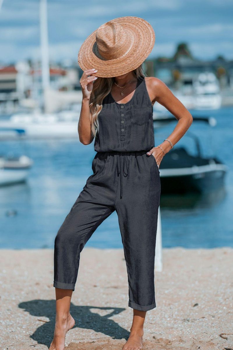 Solid Jumpsuit & Playsuit | Denim Drawstring Jumpsuit – Womens Jumpsuit Black