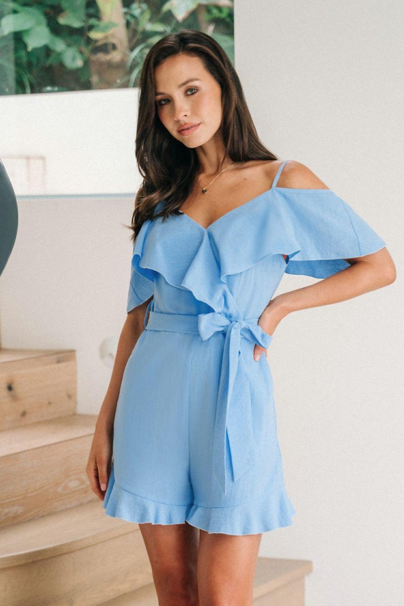 Solid Jumpsuit & Playsuit | Light Blue Ruffled Sweetheart Playsuit – Womens Jumpsuit & Playsuit Blue