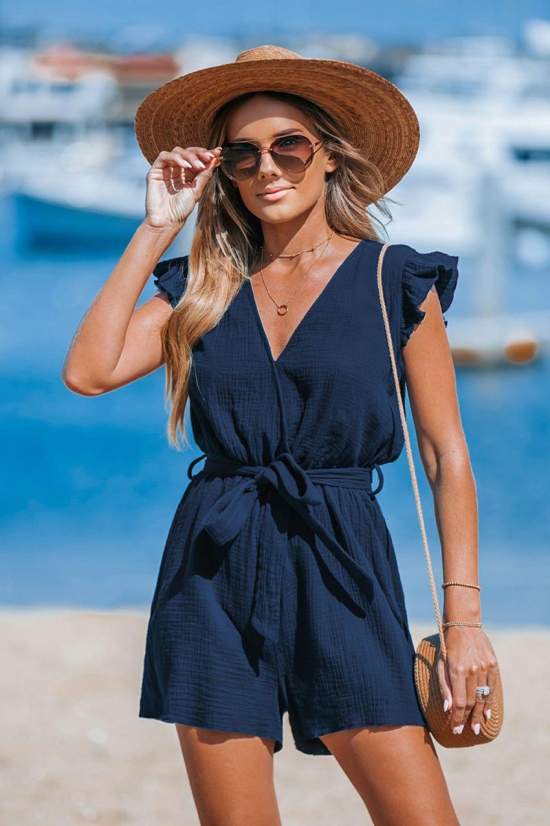 Solid Jumpsuit & Playsuit | Navy Surplice Flutter Sleeve Playsuit – Womens Jumpsuit & Playsuit Dark Navy