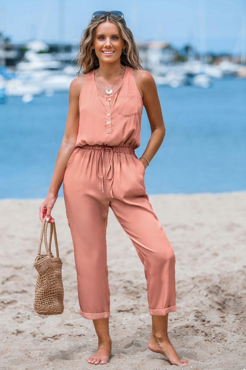 Solid Jumpsuit & Playsuit | Pink Sleeveless Scoop Neck Tapered Leg Jumpsuit – Womens Jumpsuit Jumpsuit