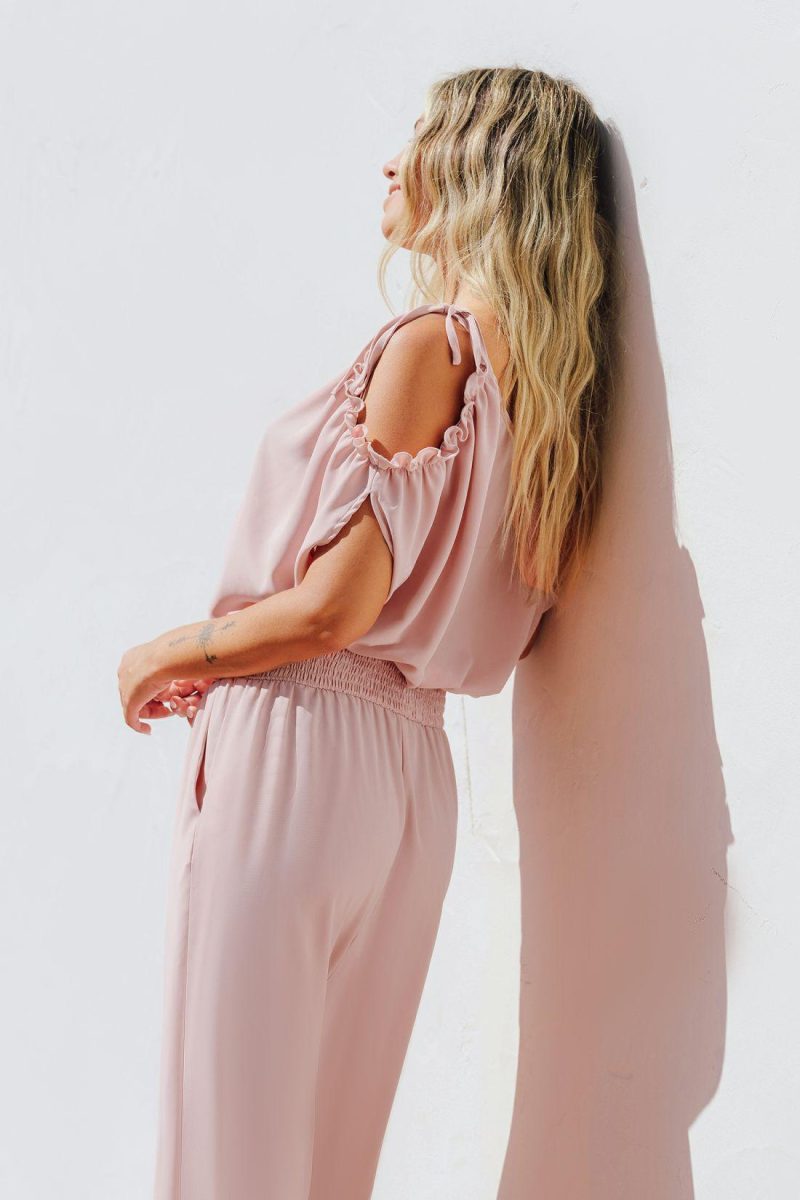 Solid Jumpsuit & Playsuit | Pink V-Neck Short Sleeve Tapered Leg Jumpsuit – Womens Jumpsuit Jumpsuit