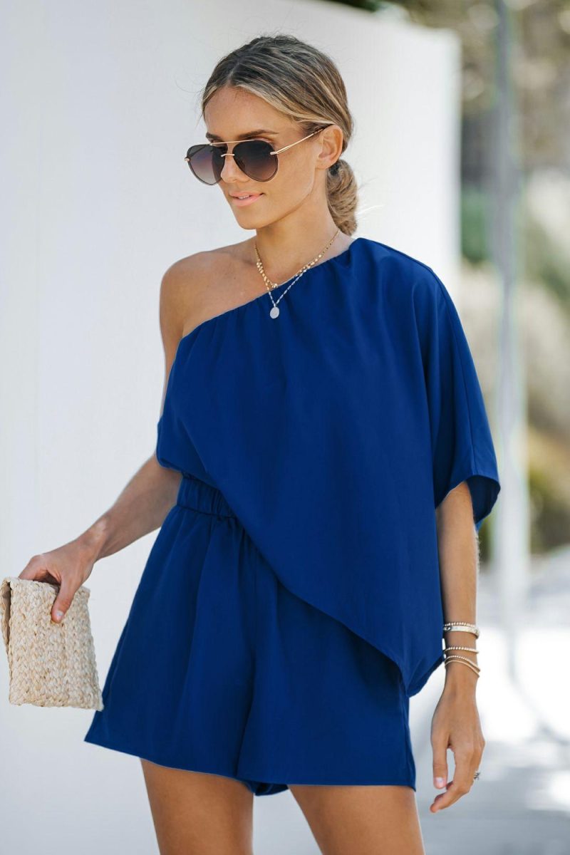 Solid Jumpsuit & Playsuit | Royal Blue One Shoulder Playsuit – Womens Jumpsuit & Playsuit Royal