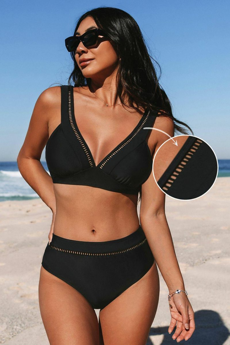 Sports Swimwear | Black Ladder Trim Bikini Top & Standard Bottoms Set – Womens Sports Swimwear Black