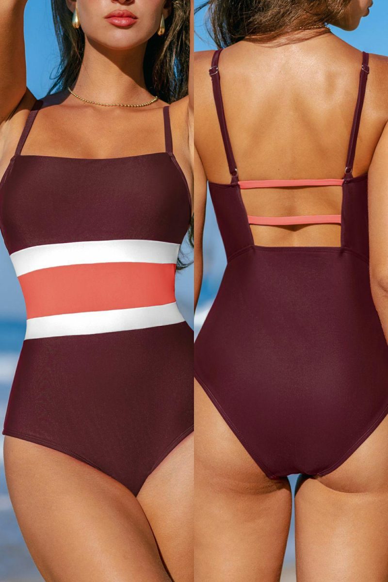 Sports Swimwear | Burgundy Colorblock Square Neck One Piece Swimsuit – Womens Sports Swimwear Burgandy