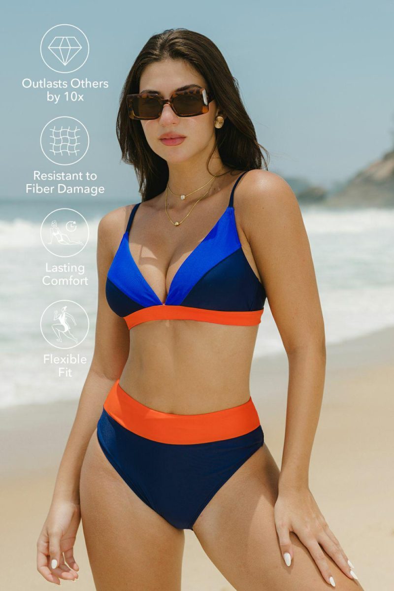 Sports Swimwear | Lycra Colorblock Plunging V-neck Triangle Top & High-Rise Bottoms Set – Womens Sports Swimwear Royal