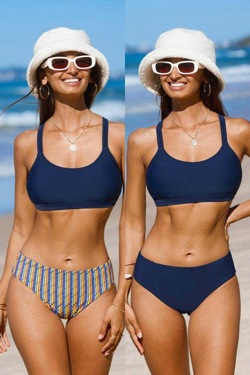 Sports Swimwear | Strappy Bikini Top & Reversible Striped Bottoms Set – Womens Sports Swimwear Navy