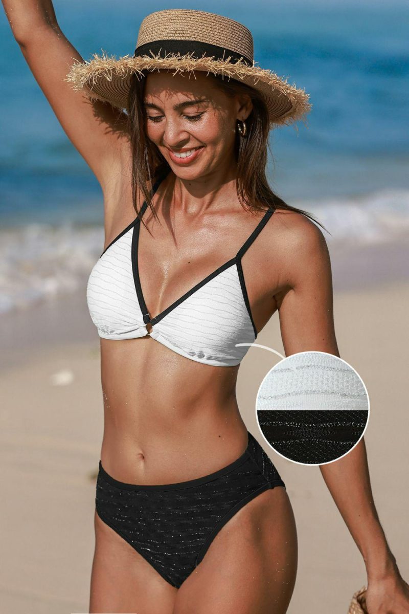 Sports Swimwear | White O-Ring Bikini Top & Cheeky Black Bottoms Set – Womens Sports Swimwear Black