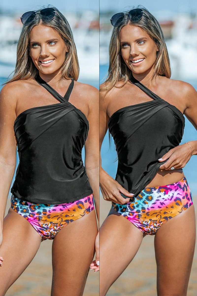 Tankini | Black Asymmetric Tankini & Leopard Bottoms Set – Womens Bikini Bikini Sets