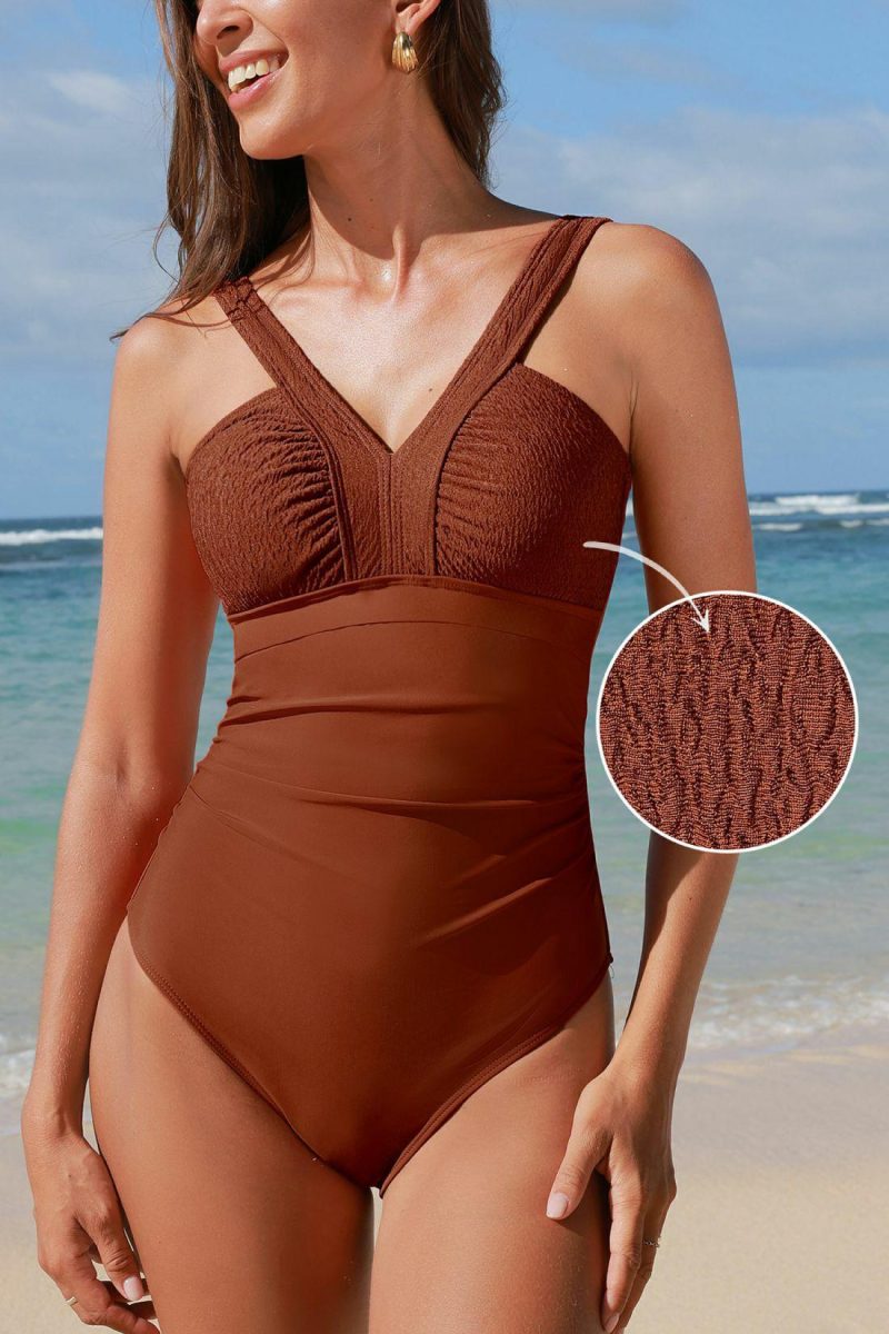 Tummy Control | Brown V-Neck Tummy Control One Piece Swimsuit – Womens Swimsuit Brown