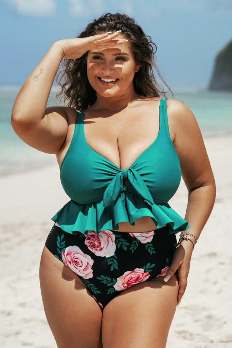 Tummy Control | Plus Size Green Knotted Ruffle Tankini Set – Womens Swimsuit Green