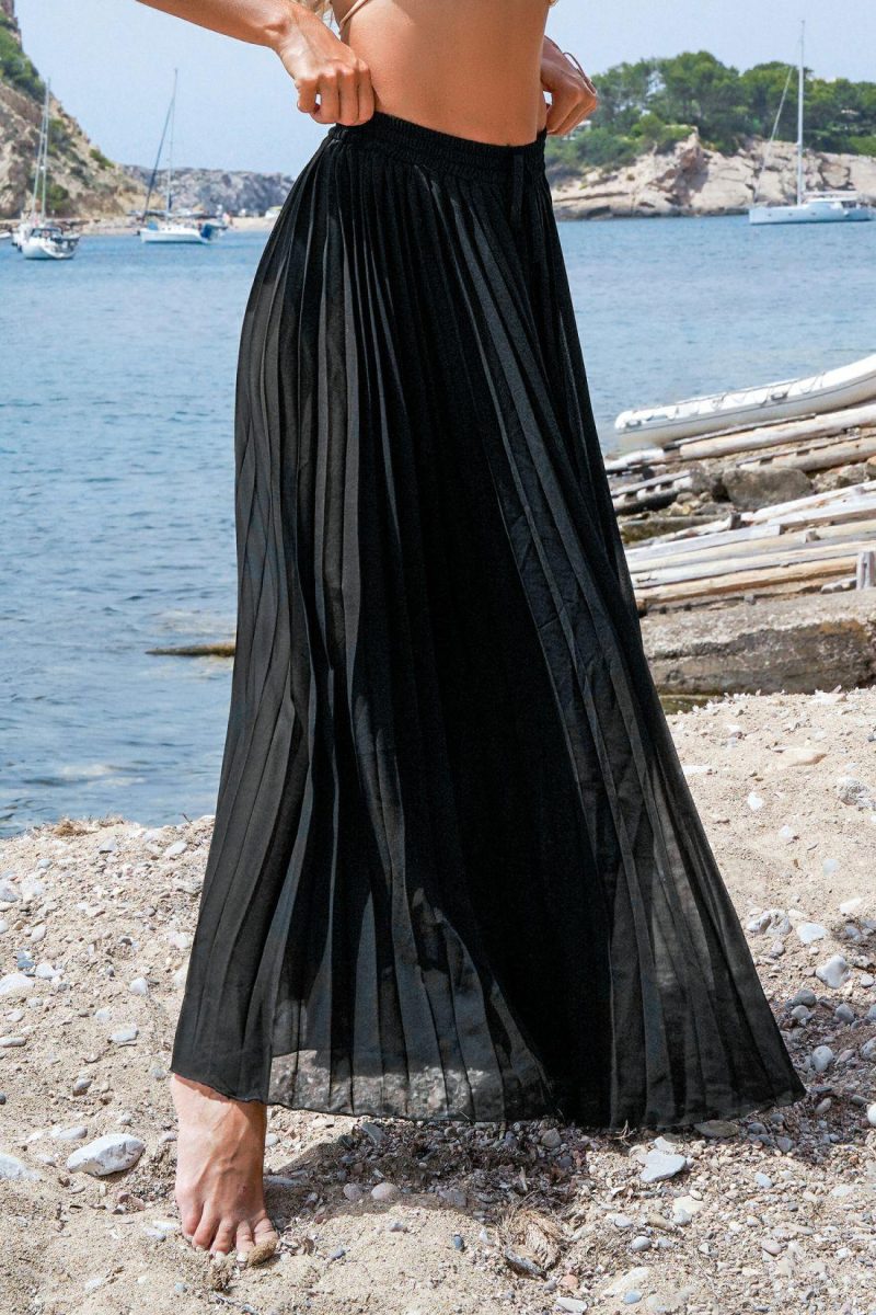 Cover Ups | Black Pleated Chiffon Maxi Cover-Up Skirt – Womens Cover Ups Black