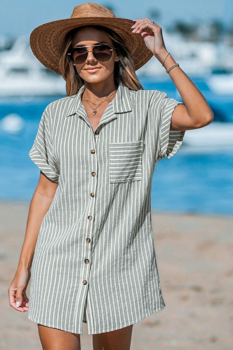 Cover Ups | Striped Collared Button-Up Mini Cover-Up – Womens Cover Ups Cover Ups