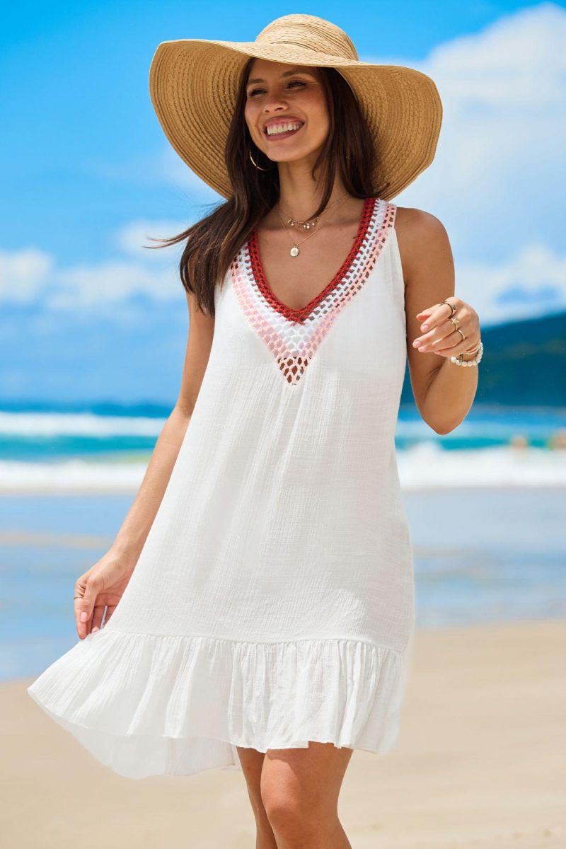 Cover Ups | White & Crochet V-Neck Mini Cover-Up – Womens Cover Ups Cover Ups