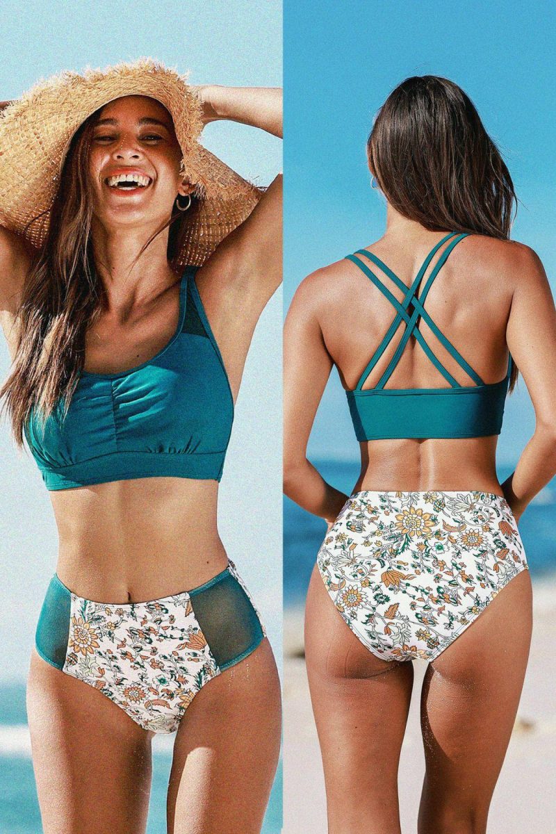 Mesh Swimsuits | Teal Sporty Bikini Bralette & Mid-Rise Floral Bottoms Set - Womens